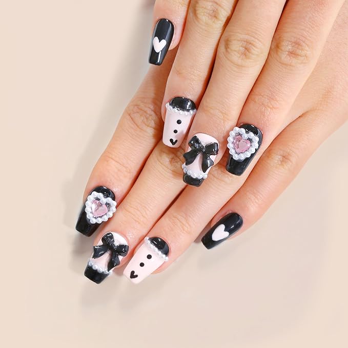 Sun&Beam Nails Handmade Press-on Square Round Trapezoid Nail Design False Nail Tips Pink and Black with Ribbon Stylish 10 Pcs Set (#149 M)