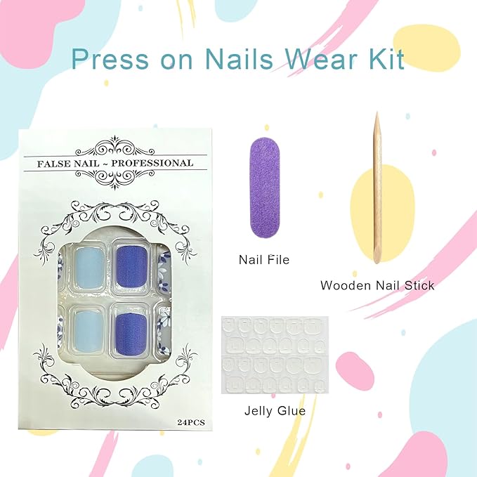 Flower Press on Nails Short Square Fake Nails with Spring White Blue Floral Designs Light Blue Matte Full Cover False Nail Acrylic Flowers Stick on Nail for Women 24Pcs