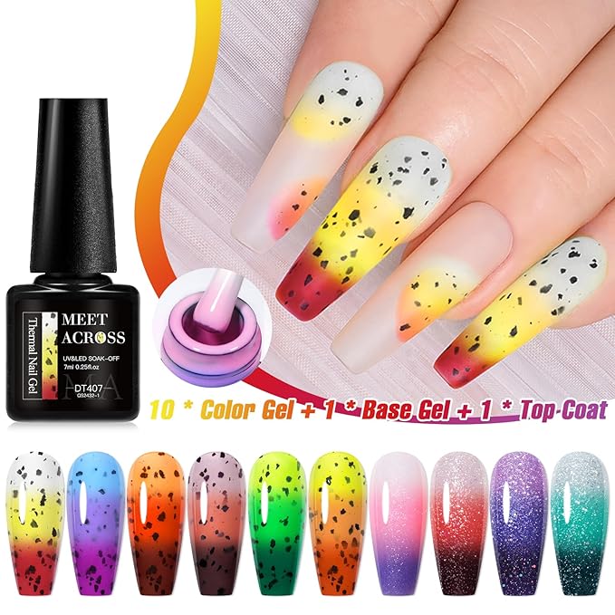 MEET ACROSS 12PCS Thermal Nail Gel Polish Kit, Color Changing Gel Nail Polish Set, Nail Art Gel Varnish Soak off UV LED Color Changed Nail Gel Nail Art Manicures