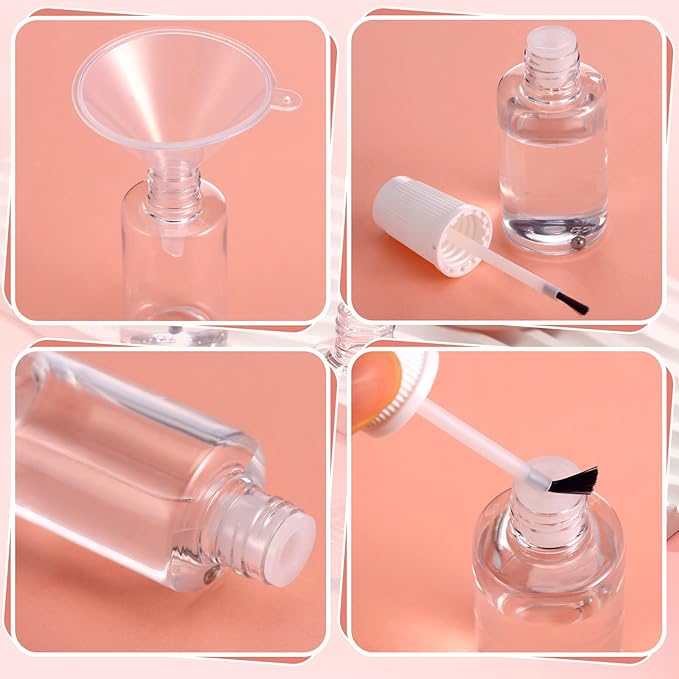 Irenare 10 Pcs Refillable Empty Nail Polish Bottles with Brush Mixing Marble Conservation Insert and Brush Top Plastic Nail Polish Container, Clear (30 ml)