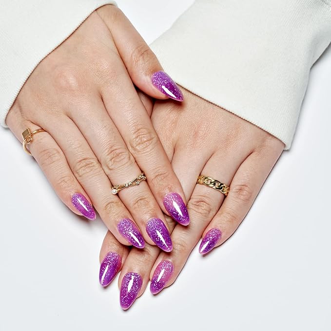 GLAMERMAID Thermo Purple Pink Press on Nails Medium Almond, Color Changing Ombre Handmade Gel False Nals, Stiletto Glue on Nails Kit for Women, Short Oval Stick on Acrylic Crush Fake Nail Manicure Set