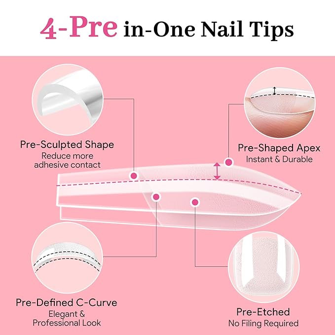 Medium Square Pre-Building Nail Tips Kit, 15 Sizes 240 PCS Pre-shaped Apex Clear Thick Extensions Tip Soft Half Matte Press On Fake Nails Glue Gel Nail Lamp for DIY Beginners & Salon Manicure