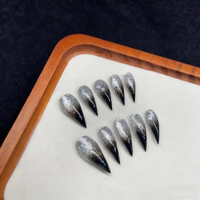 Handmade Press on Nails Silver Glitter Eagle Claw Fake Nails Designs Black French Tip False Nail Full Cover Long Curved Stiletto Stick on Nail Muti-Layer Gel Acrylic Nails for Women (Size S)