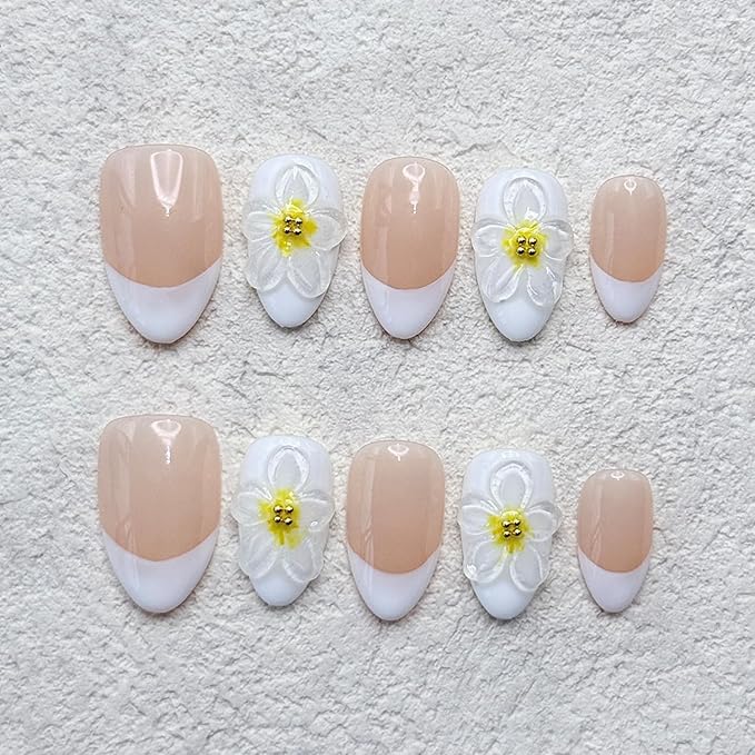 10 Pcs Luxury Handmade Nails with Glue, Almond Press on Nails Short French False Nails with 5D Flower Art Designs Handmade Nail Muti-Layer Gel Thick False Nails for Women(Size S)