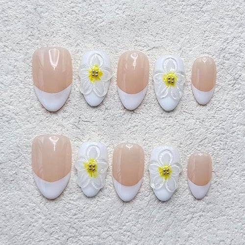 10 Pcs Luxury Handmade Nails with Glue, Almond Press on Nails Short French False Nails with 5D Flower Art Designs Handmade Nail Muti-Layer Gel Thick False Nails for Women(Size S)