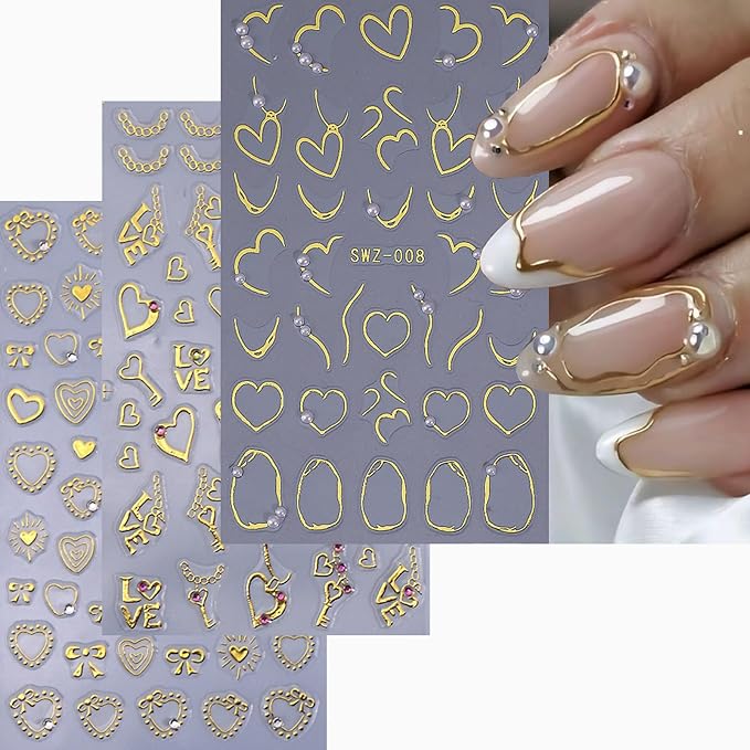 Gold Nail Stickers 5D Embossed Gold Hearts Nail Decals 3D Self Adhesive Key Nail Art Stickers Bow Love Nails Designs Lines Nails Supplies for Women DIY Manicure 3 Sheets