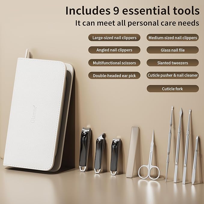 Nail Clippers Set Tweezers Scissors Manicure Grooming kit 9 in 1 with Zip Leather Case