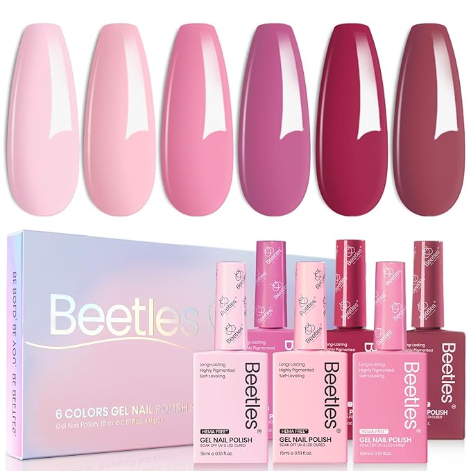 Beetles Valentines Gel Polish Set - Romantic Blush 6 Colors Gel Polish Set Hema Free, Nude Light Baby Hot Pink Colors Spring Valentines Nails, Long Lasting Soak Off UV LED Nail Lamp Gifts for Her