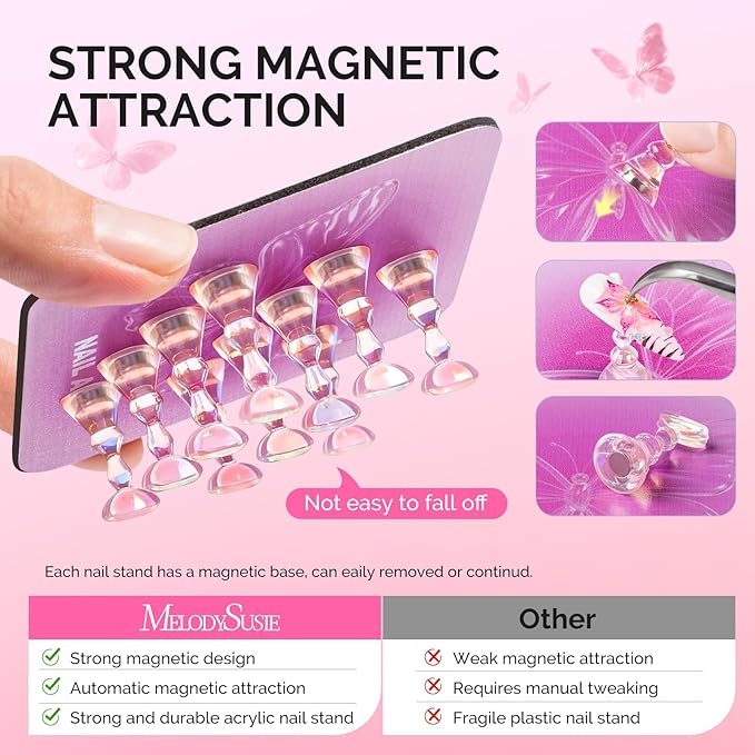 MelodySusie Nail Stand for Press Ons, Super Pink Metal Square With Butterfly Pattern Magnetic Base for Painting Display with Brush Holder And Reusable Double-Sided Tape for Home DIY Salon Supplies