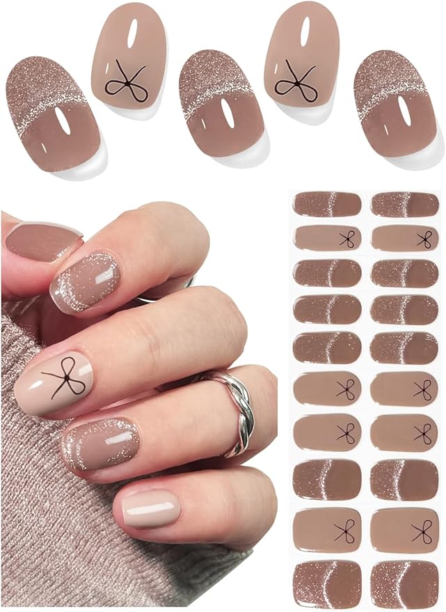 Valentine Semi Cured Gel Nail Strips, Nude Glitter, Cat Eye 20pcs Adhesive UV Sticker, Wraps for Home Manicure DIY