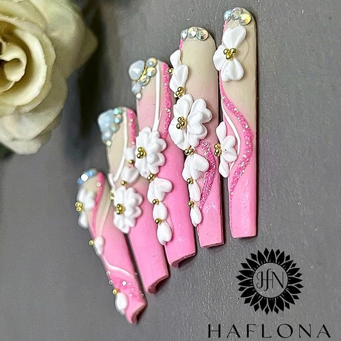 Set 20Pcs White Heart 3D Flowers for Nails, Handmade 3D Acrylic Flowers for Valentine - Wedding Nails, Flower Nail Made by Acrylic Powder Design Deco Nail Art Women Girls (15 White Heart 2#)