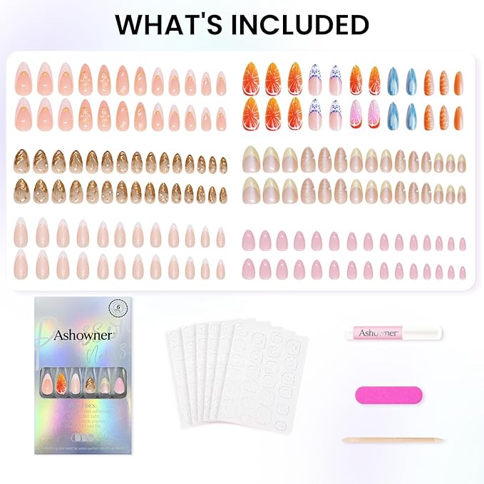 6 Packs (144 Pcs) | Reusable Press on Nails | Stick on Nails 12 Sizes-6 Styles|Almond Nails