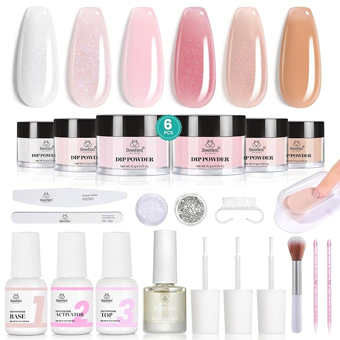 Beetles Dip Powder Nail Kit, 6 Colors Dipping Powder Nude White Pink Glitter with Base Top Coat Activator and Tools for French Nail Art, Easy DIY Home Manicure Salon Gift for Women