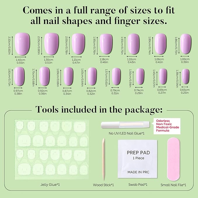Luxbon Rounded Press On Nails with No-Cure Nail Glue and Tool Kit – Short Soft Gel Tips 25-30pcs Full Size Set, Reusable Fake Nails for Women, Fit Perfectly & Natural Salon Look at Home, Purple