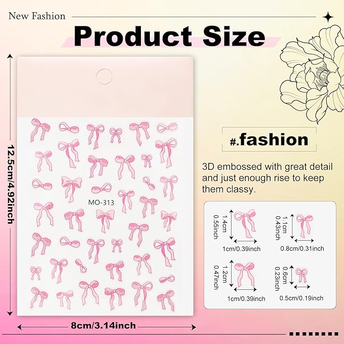 3 Sheets Bow Nail Sticker 3D Embossed Self-Adhesive Color Bow Art Nails Decals 5D Design Stickers Supplies for Women Girls Manicure Decoration 807-10