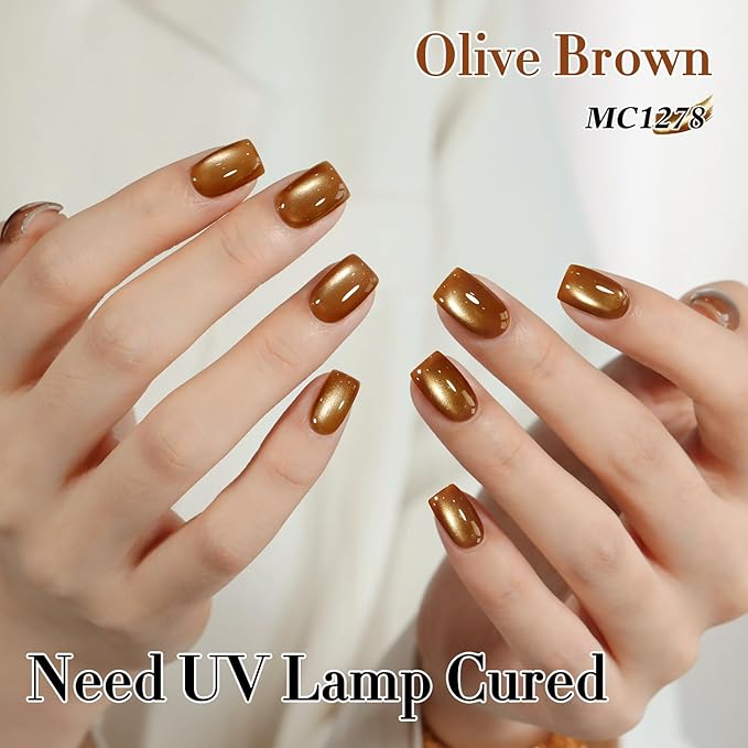 Double Rhythm 0.5 Oz Cat Eye Gel Polish with Magnet Same Color Same Bottle Holographic Glitter Shimmer Translucent Color Salon 15 ML Magnetic Nail Art (Olive Brown-MC1278)