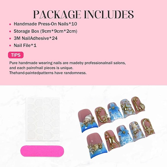 Handmade Press on Nails Medium Duck Fake Nails Blue Gradient French False Nails with 3D Flower Art Designs Muti-Layer Gel Thick Luxury Acrylic Handmade Nail for Women 10Pcs(Size M)