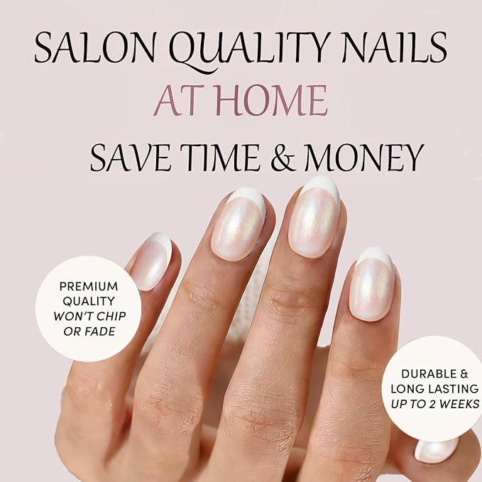 French Tip Press On Nails， Chrome Pearl White Short Reusable Stick On Nails in 12 Sizes - 24 Soft Gel Fake Nail Kit for Women