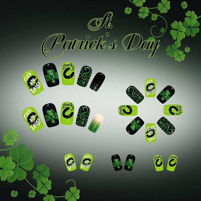 Short Square Press on Nails St. Patrick's Day Fake Nail with Winter Geen Designs False Nails Press Ons Gift for Women 24pcs