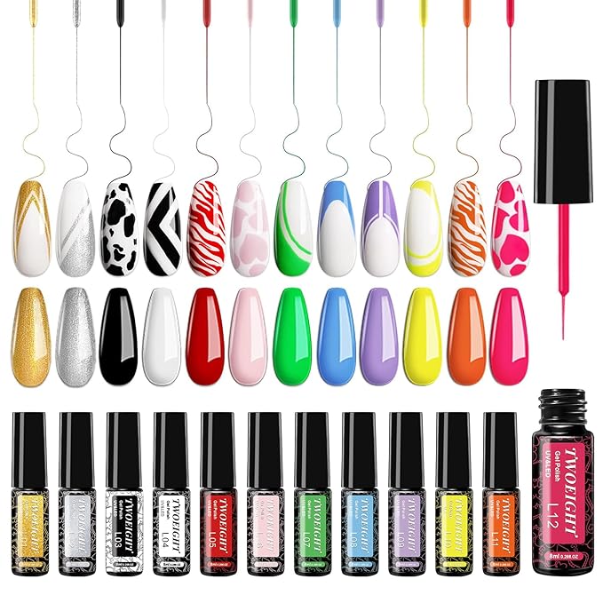 TWOEIGHT Gel Nail Polish Liner Nail Art 12 Colors 8ml UV Lamp Soak-off Polishes Pigmented Red Pink Glitter Built Thin Brush in Bottle Manicure DIY at Home Salon Quality Gift for Women for Mom