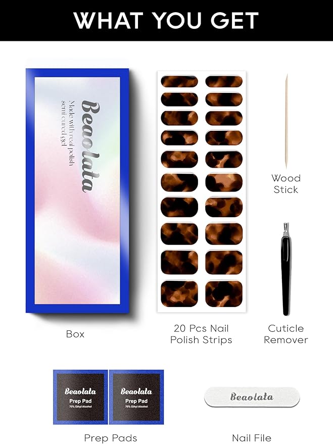 Semi Cured Gel Nail Strips - UV Light Gel Nail Stickers - 20 Long Lasting Salon Quality Wraps (Black Amber)