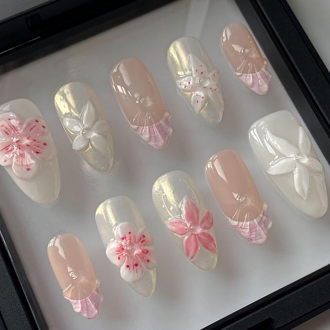 Handmade Press on Nails Medium Almond 3D Unique Fake Nails Pink&White False Nails with Designs Flower Pearls Shell Glossy Glue on Reusable Thick Acrylic Nails 10Pcs(M)