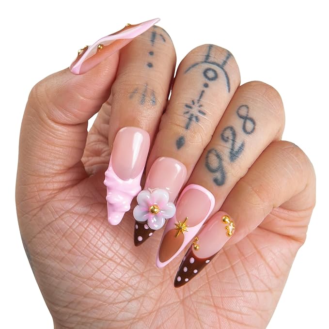 LOVFUL Short French Tip Press on Nails Berry Mocha | Handmade Acrylic Press ons| Reusable Fake False Nails | Stiletto Classic Regular 1.3in | H700-S
