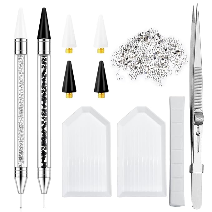LIGHT RAIN Rhinestone Picker Tool - 2pcs Dual-head Bedazzling Pen with 4 Wax Tips, 8pcs Clay, Adjustable Precision Tweezers, 1400pcs Rhinestones and 2pcs Organizer Tray Kit for Nail Art