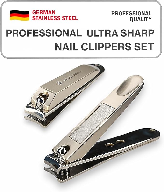 Nail Clippers Set 3 in 1 - Stainless Steel Toe Nail Clippers, Fingernail Clipper, Glass Nail File, Anti Splash, Ergonomic Grip in PU Leather Travel Case for Men & Women - Valentine's Gift