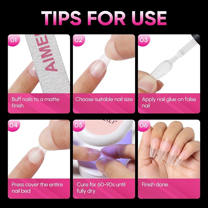 AIMEILI Extra Short Almond Fake Nails, 504pcs Pre-shape Gel Acrylic Nail Tips Press on Nails for Full Cover Nail Extension Home DIY Nail Salon 12 Sizes