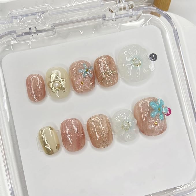 Handmade Press on Nails Flower Press on Nails Silver Sequin Pearl Designs Short Square Shaped Fake Nails Full Cover Artificial Acrylic Nails Sparkly False Nails Women Manicure Kit (Size M)