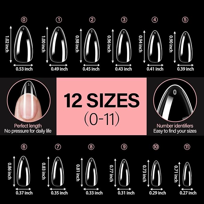 AILLSA Medium Almond Nail Tips Soft Clear Gel Nails Tips Preshaped Full Cover Nails Tip False Gelly Nail Tip for Nails Extension with Storage Box 216pcs 12 Sizes
