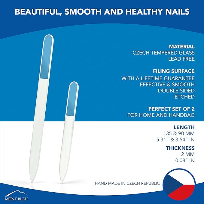 Mont Bleu Set of 2 Color Glass Nail Files, Each File is in Black Pouch - Handmade Birthday Gifts for Women - Genuine Czech Tempered Glass - Best Crystal Glass Nail File for Women