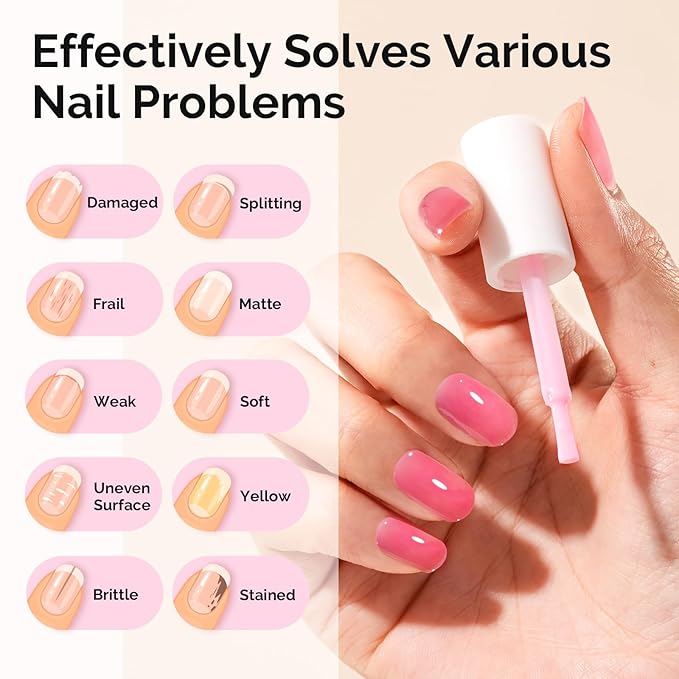 MelodySusie Nail Strengthener and Growth Treatment, 2-in-1 Ridge Filling Base Coat & Glossy Concealer Polish for Damaged Nail Repair and Healthy Shine,Gifts for Women 15ml 0.5 Fl Oz Red