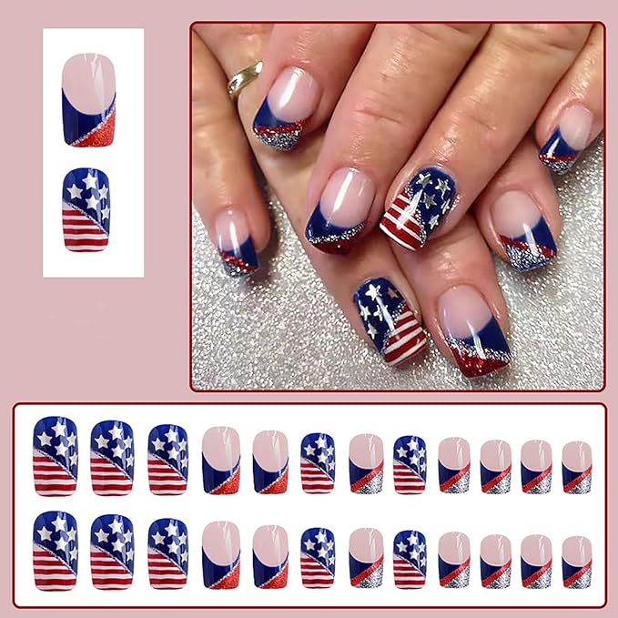 Independence Day Medium Square Press on Nails Patriotism Fake Nails with Sliver Glitter Designs USA Flag Stick on Nails Glossy Acrylic Nails Full Cover Artificial False Nails for 4th of July 24Pcs