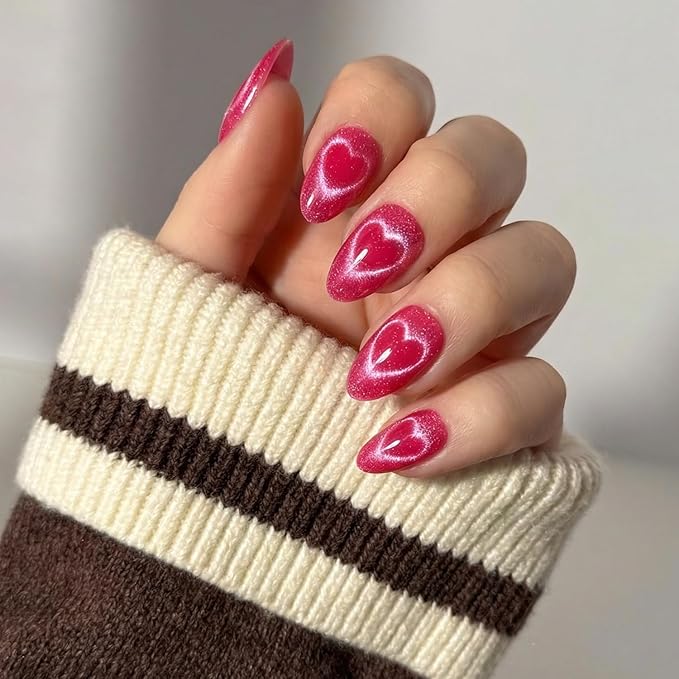 Glamnetic Press On Nails - Text Me Back | Short Almond Fake Nails in Hot Pink with Cat-Eye Magnetic Heart Designs in a Velvet Finish, Valentines Day Nails | 15 Sizes - 30 Nail Kit with Glue