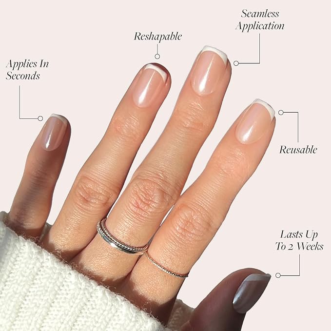 Glamnetic Press On Nails - La Perle | Semi-Transparent Squoval French Tip Nails, Salon Quality | 15 Sizes - 30 Nail Kit with Glue