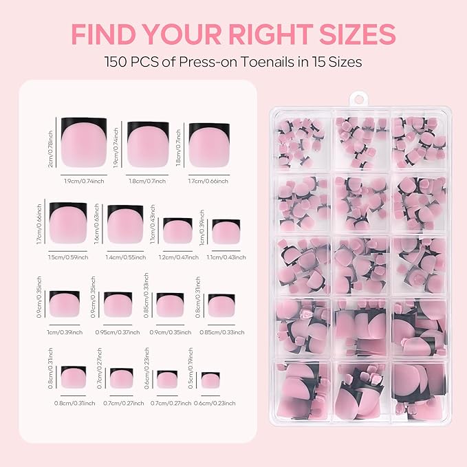 Toe Nail Press On with 2 Nail Glue, 150pcs Square French 15 Sizes Thick Soft False Toenail Extension, Black Full Cover Acrylic for Women Nail Art DIY