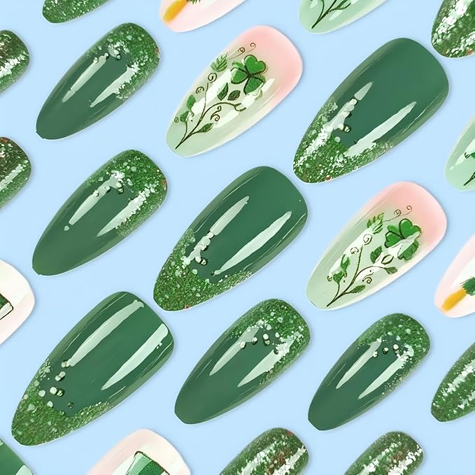St. Patrick's Day Press on Nails Medium Almond Fake Nail with Green Glitter Designs False Nails Press Ons Stick on Nails Gift for Women 25pcs