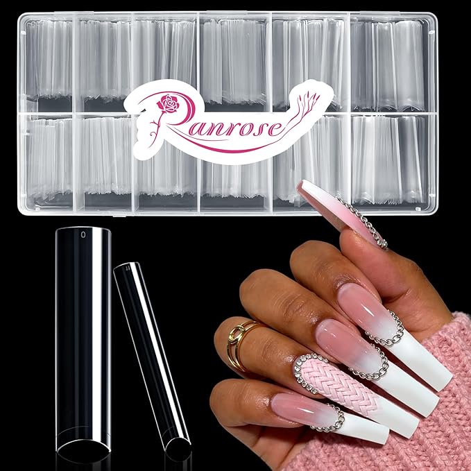 Ranrose 600PCS Clear Extra Long Nail Tips for Acrylic Nails Professional, No C Curve Gel Tips 12 Size XXXL Pre-shaped Half Cover Fake Nail for Press On Nail Extensions