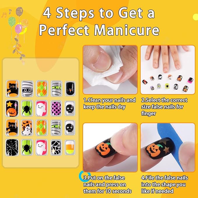 SIUSIO 6 Pack Press on Nails kids Children Acrylic Fake Nails Cute Pre-glue Full Cover Gradient Color Rainbow Short Stick On False Nail Art Kits Set for Kids Little Girls - Halloween Ghost