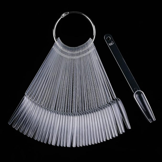 LoveOurHome 150pc Long Coffin Nail Swatch Sticks Vanish Gel Polish Color Design Display Stick Tips Ballerina Fan Cards Nails Art Practice Stample Tools with Rings