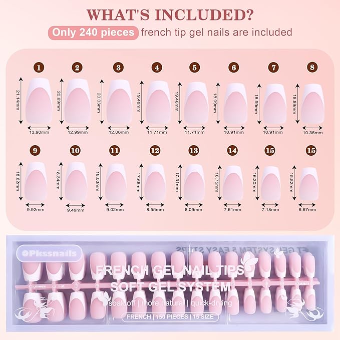 Press on Nails, Medium Coffin French Soft Gel Nail Tips, 256pcs French Tip Press on Nails Pink, No Need to File Tips Pre-lasting, Full Cover Fake Nails Extension for Women Nail Art DIY 16 Sizes