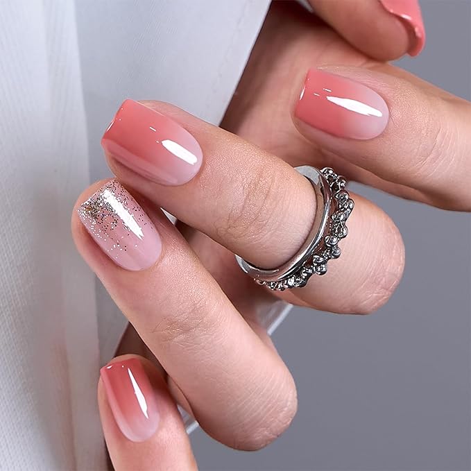 CurvLife Soft Gel Press On Nails Square, Long-Lasting Reusable Fake Nails Kit with Glue & Tabs, 30pcs Salon-Quality Stick On Nails for Women At-Home Manicure (Rosy Spark)