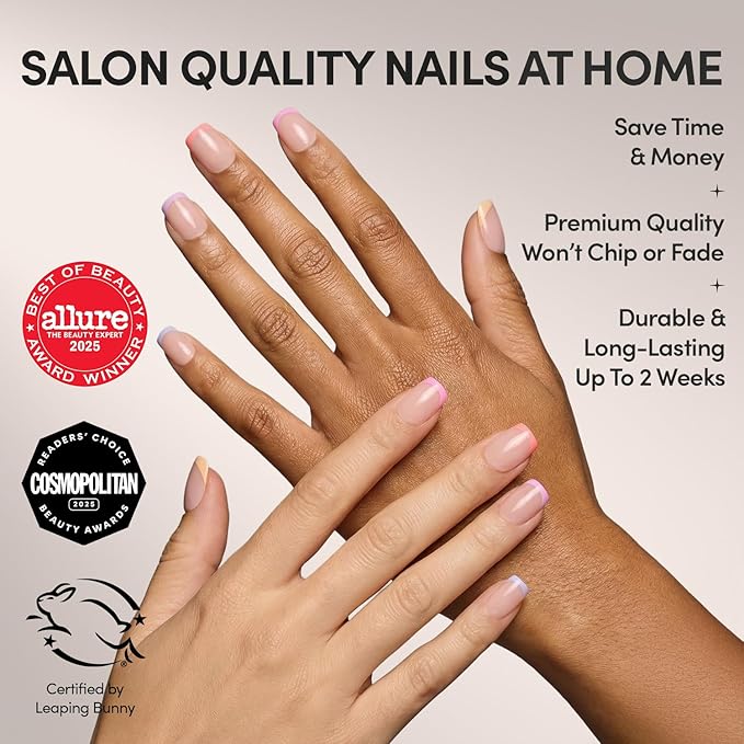 Glamnetic Press On Nails - Macarons | Short Squoval Fake Nails with Multicolored Pastel French Tips and Glossy Finish, Salon Quality | 15 Sizes - 30 Nail Kit with Glue