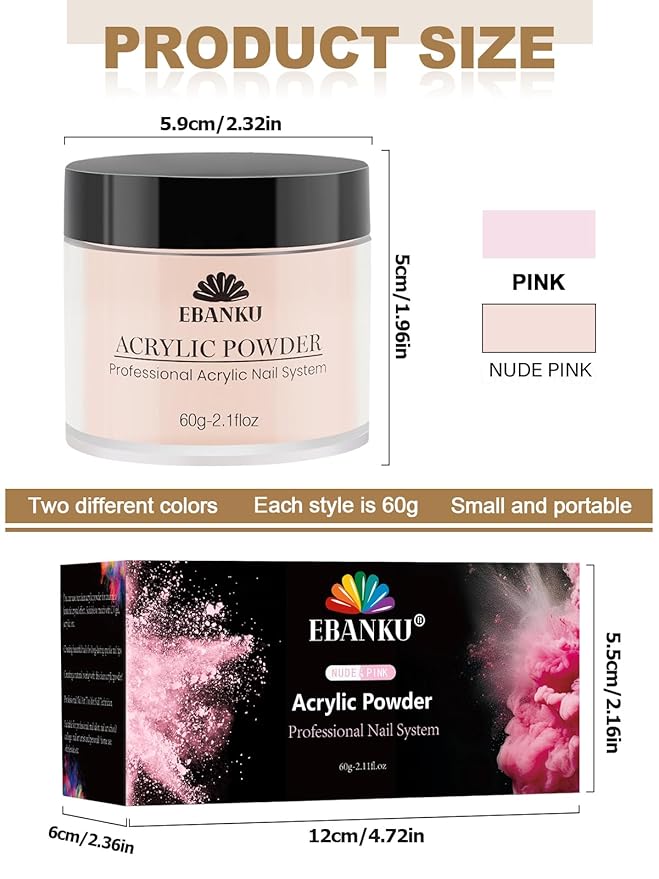 EBANKU Nude Pink Acrylic Powder, 2 * 60g/2.1oz Acrylic Powder Large Capacity Professional Acrylic Nail Powder for Nail Acrylic Extension, Nail Carving, Long-Lasting, No Nail Lamp Needed