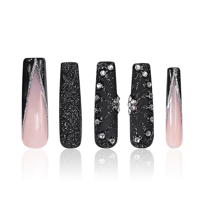LOVFUL Press on Nails Dancing Spirit Black| Handmade with Full Covered Crystals| Reusable Fake Nails| Square Mid length 1.7in| H79-L