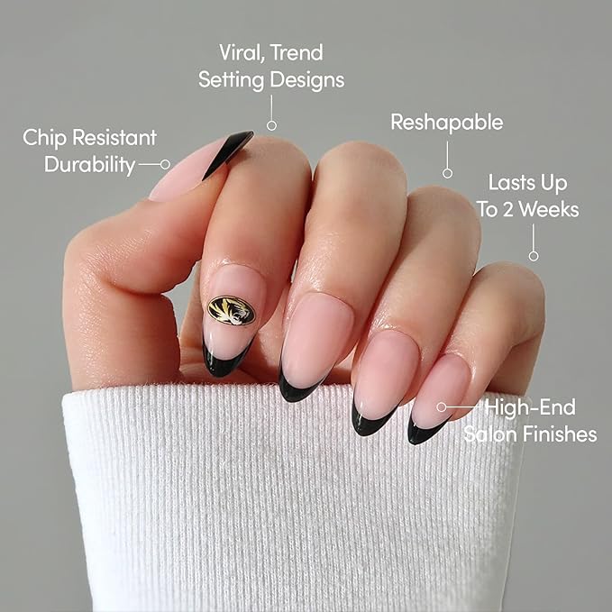 Glamnetic x Fanatics Press On Nails - Missouri Tigers | Short Almond Fake Nails, Collegiate Tigers Black French Tips, College Nails, Salon-Quality | 15 Sizes - 30 Nail Kit with Glue