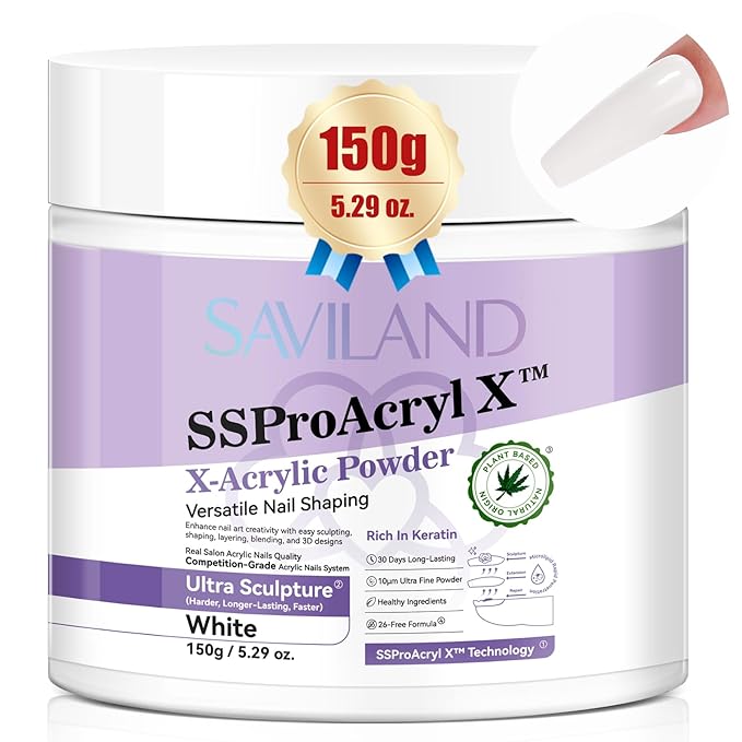 SAVILAND Long-Lasting White Acrylic Powder: Smoother Keratin Nail Powder 2024 Blending Tech 5.29oz for DIY Sculpture Extension Carving 3D Art Tech Salon