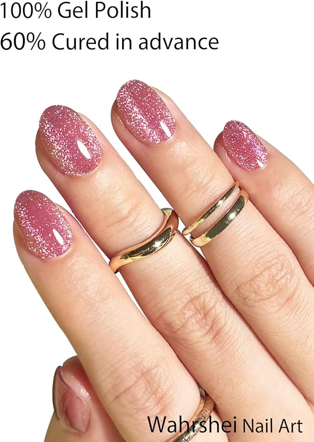 UV Gel Nail Stickers, Pink Cat Eye 20pcs Semi Cured Gel Nail Strips, Wraps for Home Manicure DIY